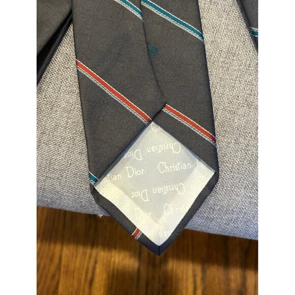 Vintage Christian Dior Logo Neck Tie Navy Light Blue Striped Thin Skinny 2.75" - Picture 4 of 5
